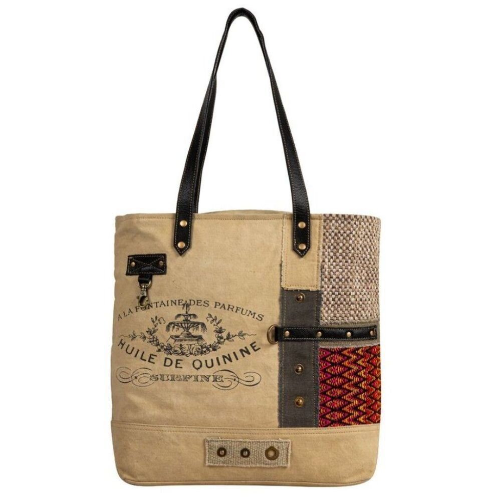 Myra Bag Handmade Sundown Tote Bag Upcycled Canvas & Cowhide Leather